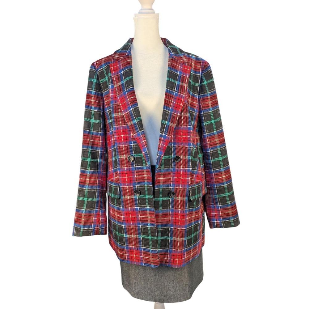 Talbots Open Front Blazer Log Fire Plaid Sz 16 Tartan Wool Blend Academia Office - Picture 2 of 8